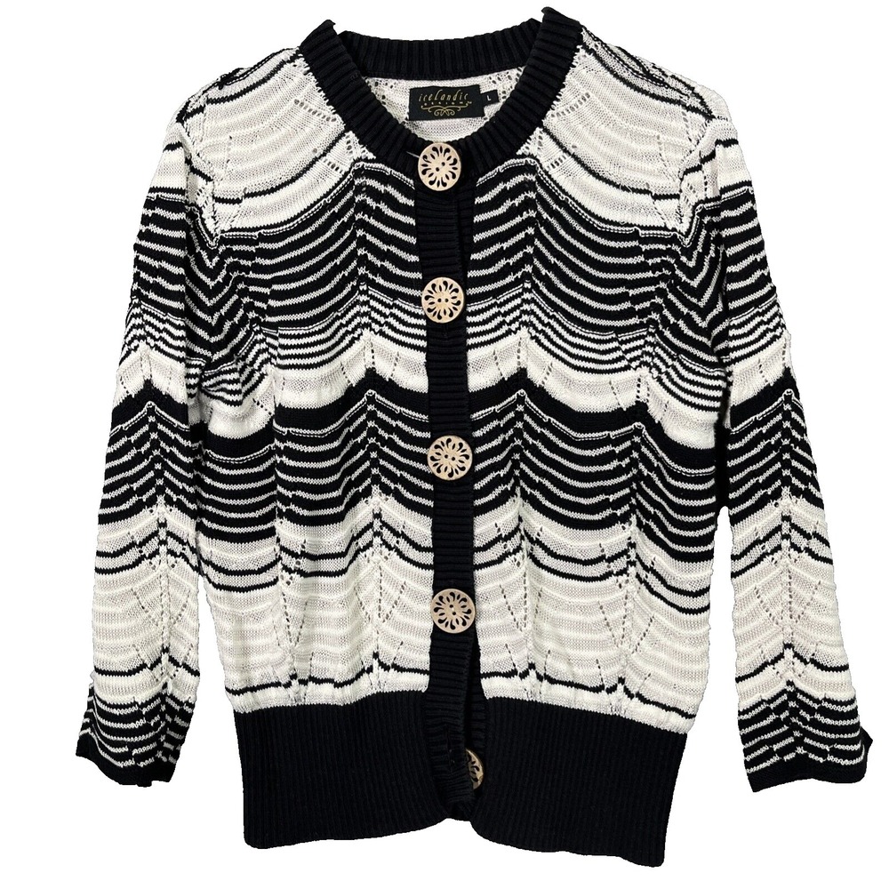 Icelandic‎ Design Womens Cardigan Sz L Black White Chevron Pointelle Tencel Knit